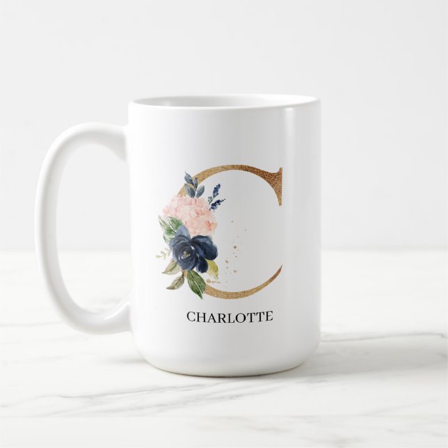 Navy Blush Floral Monogram Letter "C" Personalised Coffee Mug (Left)