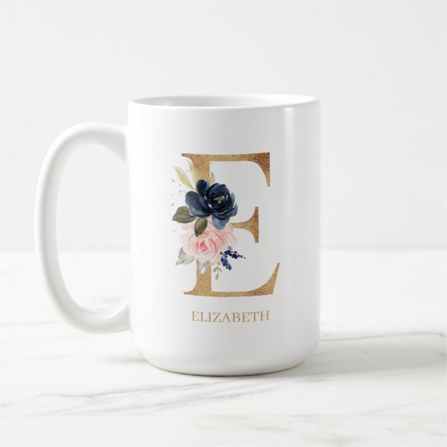 Navy Blush Floral Monogram Letter "E" Personalised Coffee Mug (Left)