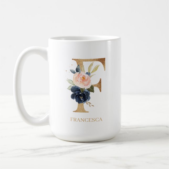 Navy Blush Floral Monogram Letter "F" Personalised Coffee Mug (Left)