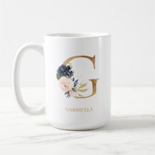 Navy Blush Floral Monogram Letter "G" Personalised Coffee Mug