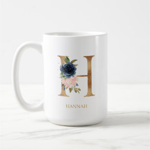 Navy Blush Floral Monogram Letter "H" Personalised Coffee Mug