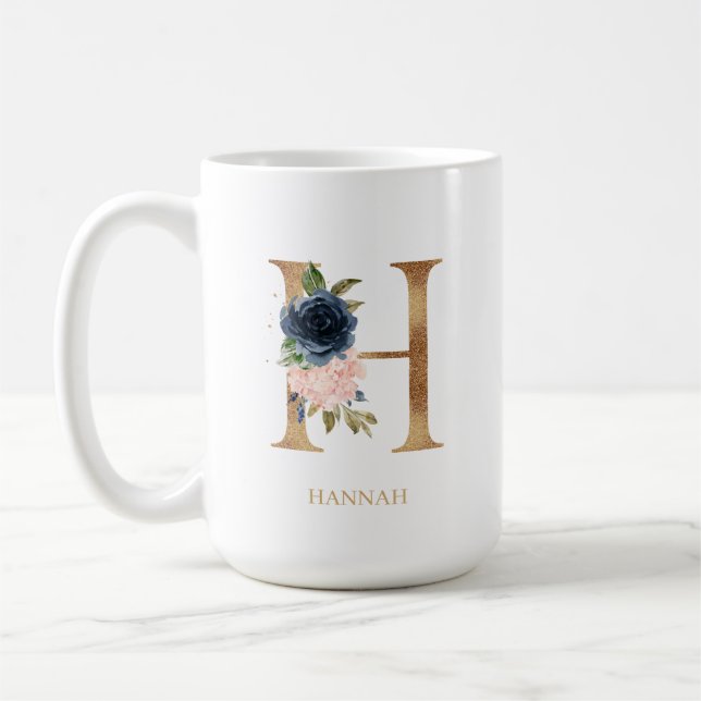 Navy Blush Floral Monogram Letter "H" Personalised Coffee Mug (Left)