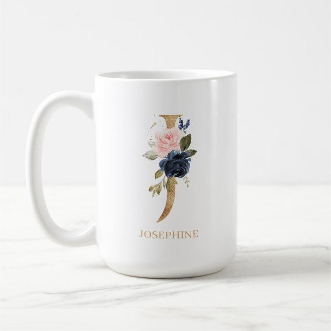 Navy Blush Floral Monogram Letter "J" Personalised Coffee Mug (Left)