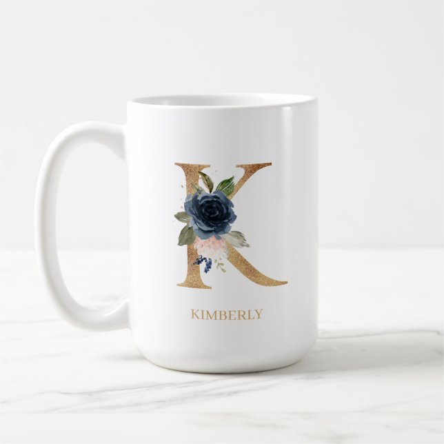 Navy Blush Floral Monogram Letter "K" Personalised Coffee Mug (Left)