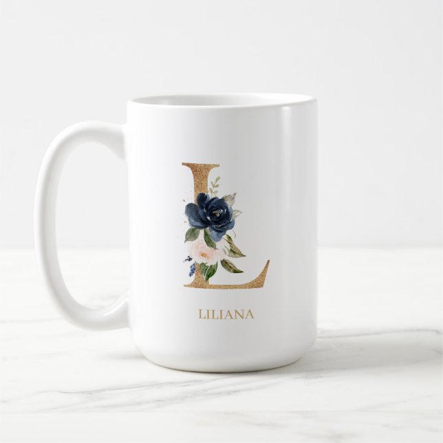 Navy Blush Floral Monogram Letter "L" Personalised Coffee Mug (Left)