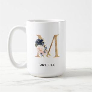 Navy Blush Floral Monogram Letter "M" Personalised Coffee Mug