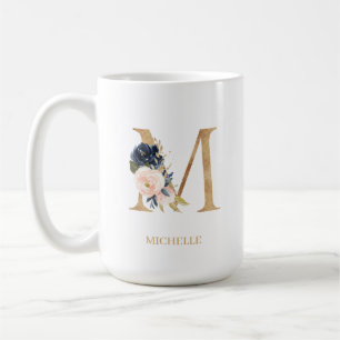 Navy Blush Floral Monogram Letter "M" Personalised Coffee Mug