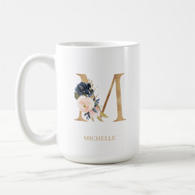 Navy Blush Floral Monogram Letter "M" Personalised Coffee Mug (Left)