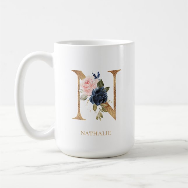 Navy Blush Floral Monogram Letter "N" Personalised Coffee Mug (Left)