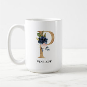 Navy Blush Floral Monogram Letter "P" Personalised Coffee Mug