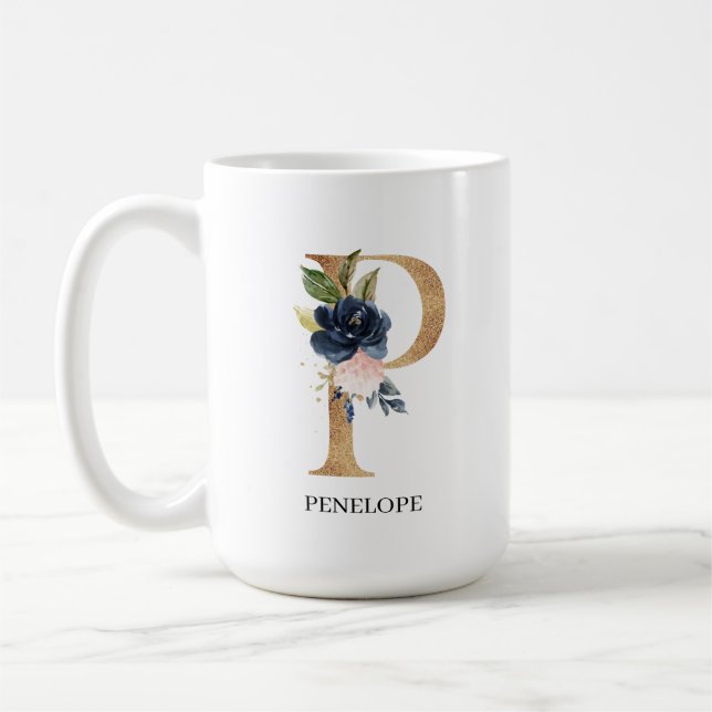 Navy Blush Floral Monogram Letter "P" Personalised Coffee Mug (Left)