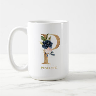 Navy Blush Floral Monogram Letter "P" Personalised Coffee Mug