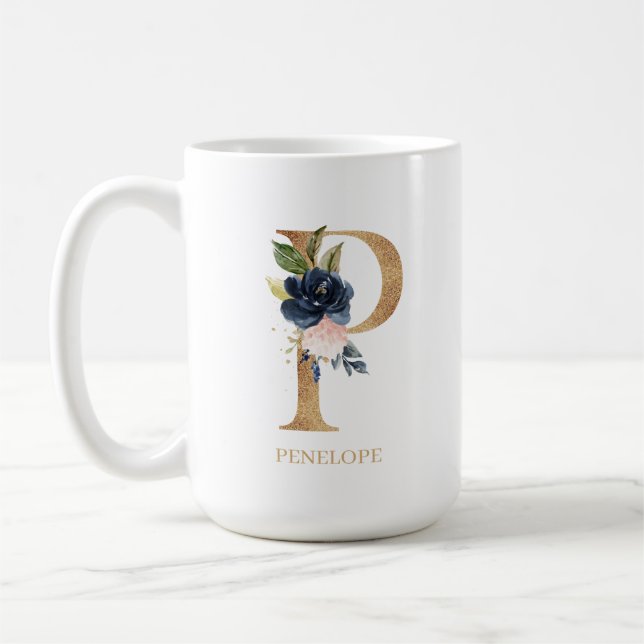 Navy Blush Floral Monogram Letter "P" Personalised Coffee Mug (Left)