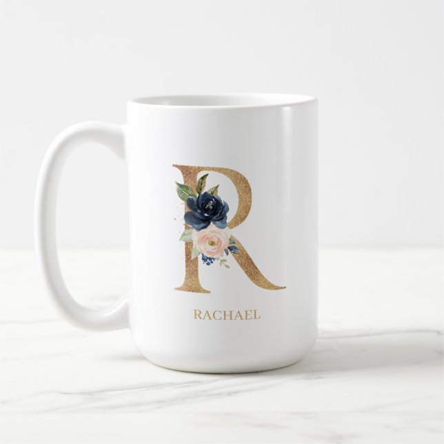 Navy Blush Floral Monogram Letter "R" Personalised Coffee Mug (Left)