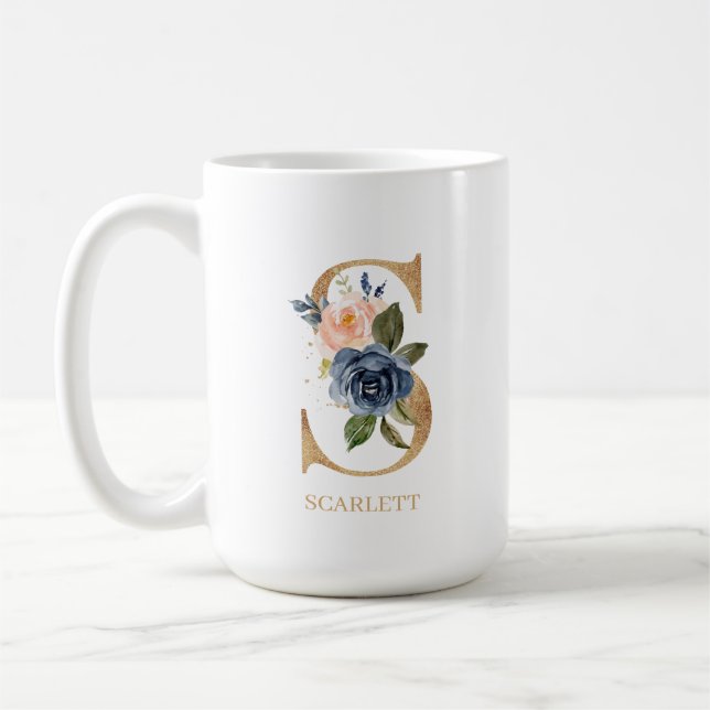 Navy Blush Floral Monogram Letter "S" Personalised Coffee Mug (Left)