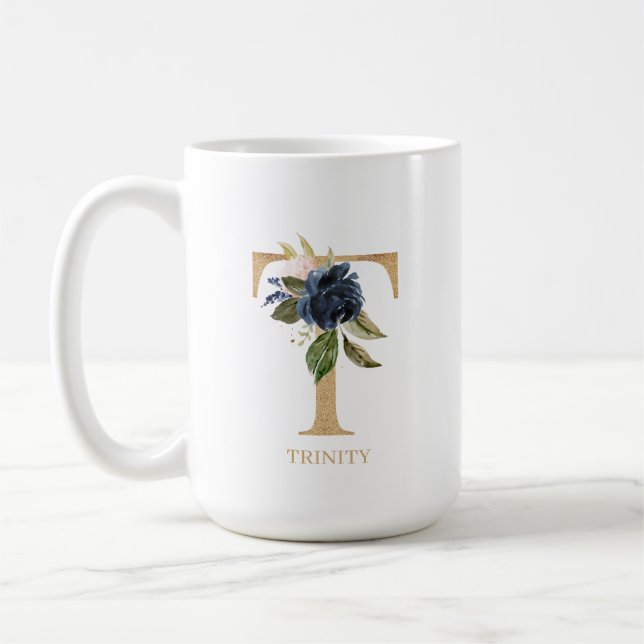 Navy Blush Floral Monogram Letter "T" Personalised Coffee Mug (Left)