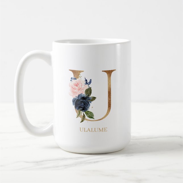 Navy Blush Floral Monogram Letter "U" Personalised Coffee Mug (Left)