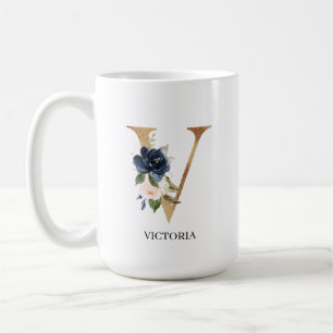 Navy Blush Floral Monogram Letter "V" Personalised Coffee Mug