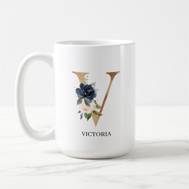 Navy Blush Floral Monogram Letter "V" Personalised Coffee Mug (Left)