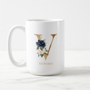 Navy Blush Floral Monogram Letter "V" Personalised Coffee Mug