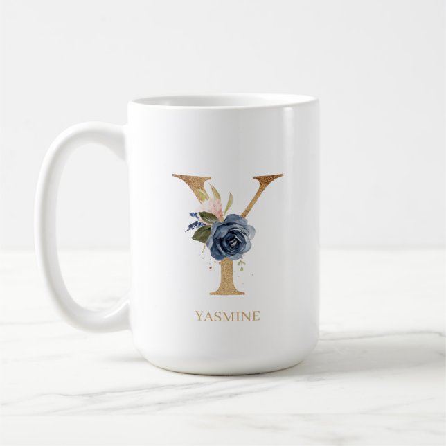 Navy Blush Floral Monogram Letter "Y" Personalised Coffee Mug (Left)