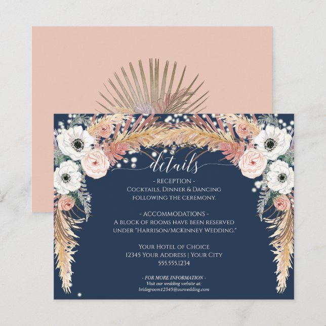 Navy Blush Floral Pampas Grass Twinkle Lights Invitation (Front/Back)