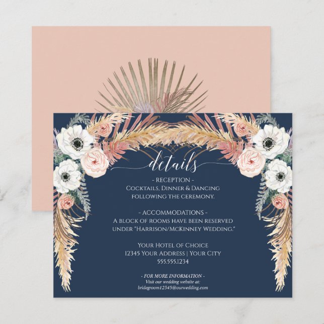 Navy Blush Floral Pampas Grass Wedding Details Invitation (Front/Back)
