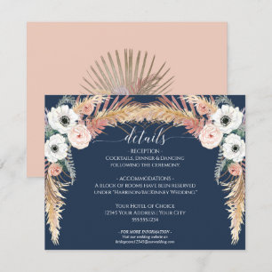 Navy Blush Floral Pampas Grass Wedding Details Invitation