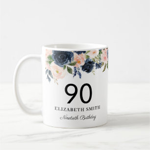Navy Blush Floral Personalised 90th Birthday Coffee Mug