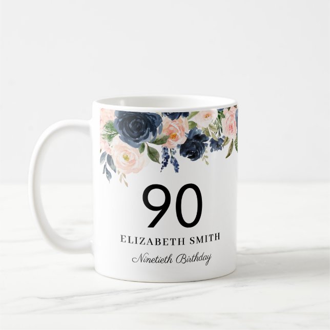 Navy Blush Floral Personalised 90th Birthday Coffee Mug (Left)