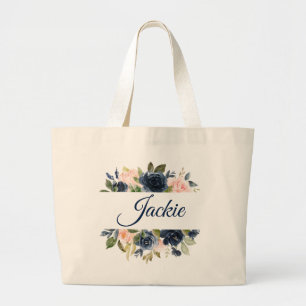 Navy & Blush Floral Personalised Large Tote Bag