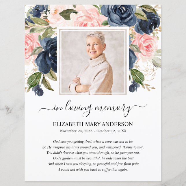 Navy Blush Floral Photo Funeral Prayer (Front)