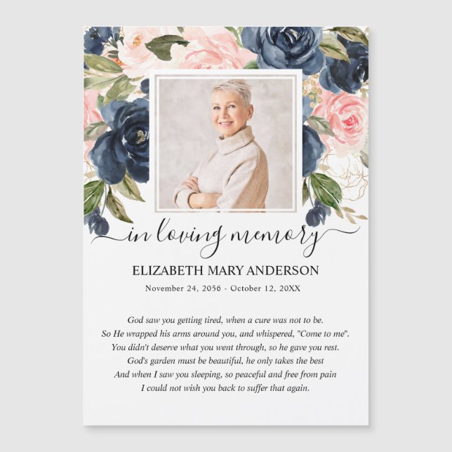 Navy Blush Floral Photo Funeral Prayer Card (Front)