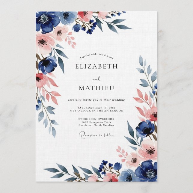 Navy & Blush Floral Romance Wedding Invitation (Front)