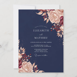 Navy Blush Floral Romance Wedding Invitation