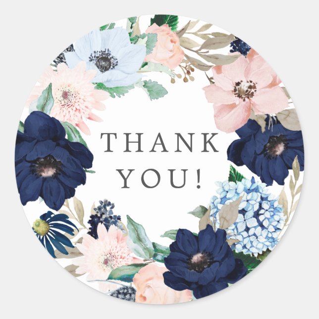 Navy & Blush Floral Shower Thank You Favour Sticke Classic Round Sticker (Front)