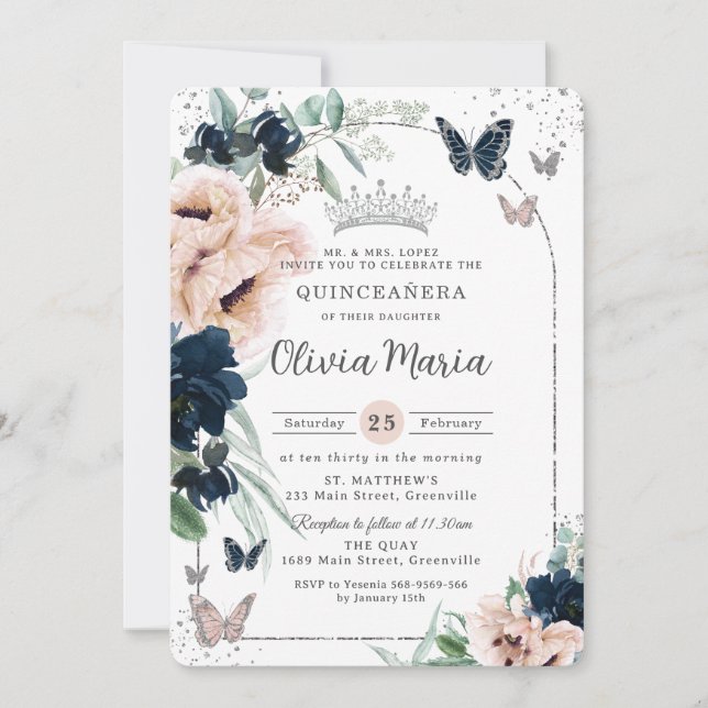 Navy Blush Floral Silver Butterflies Quinceañera Invitation (Front)
