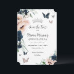 Navy Blush Floral Silver Butterflies Quinceañera  Save The Date<br><div class="desc">Personalise this elegant Quinceañera / Sweet 16 birthday Save the Date card easily and quickly. Simply click the customise it further button to edit the texts, change fonts and fonts colours. Featuring beautiful watercolor navy blue and blush flowers, butterflies and a silver princess crown. Matching items available in store. Also...</div>