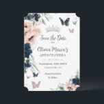 Navy Blush Floral Silver Butterflies Quinceañera  Save The Date<br><div class="desc">Personalise this elegant Quinceañera / Sweet 16 birthday Save the Date card easily and quickly. Simply click the customise it further button to edit the texts, change fonts and fonts colours. Featuring beautiful watercolor navy blue and blush flowers, butterflies and a silver princess crown. Matching items available in store. Also...</div>