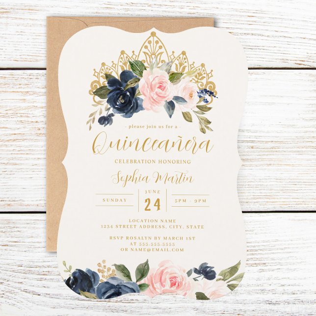 Navy Blush Floral Tiara Quinceanera  Invitation (Creator Uploaded)