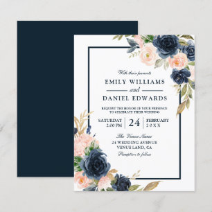 Navy & Blush Floral Watercolor Elegant Wedding  Invitation