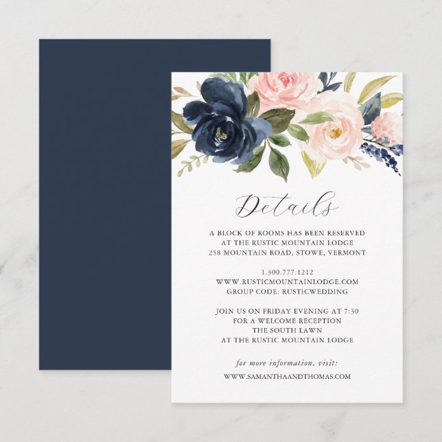 Navy Blush Floral Wedding Details Card (Front/Back)