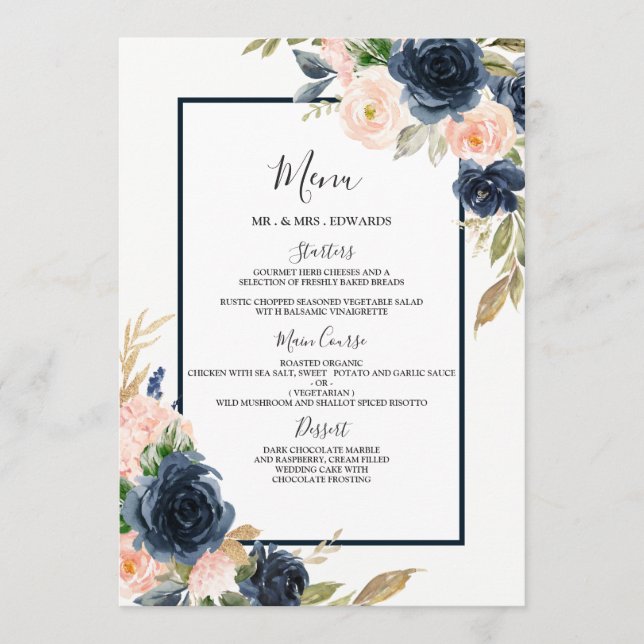 Navy & Blush Floral Wedding Engagement Border Menu (Front)