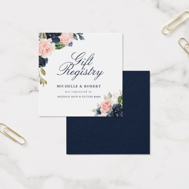 Navy & blush floral wedding gift registry card (Office)