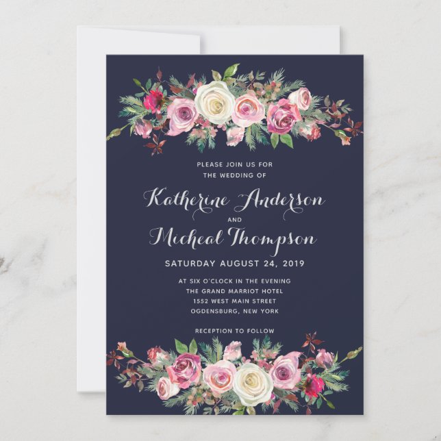 Navy Blush Floral Wedding Invitation (Front)