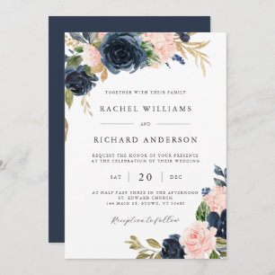 Navy Blush Floral Wedding Invitation