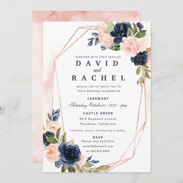 Navy Blush Floral Wedding Invitation (Front/Back)