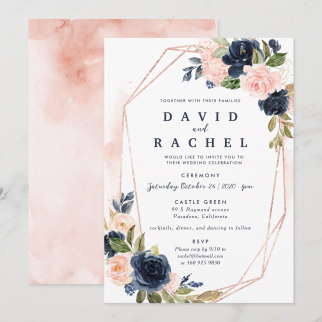 Navy Blush Floral Wedding Invitation (Front/Back)