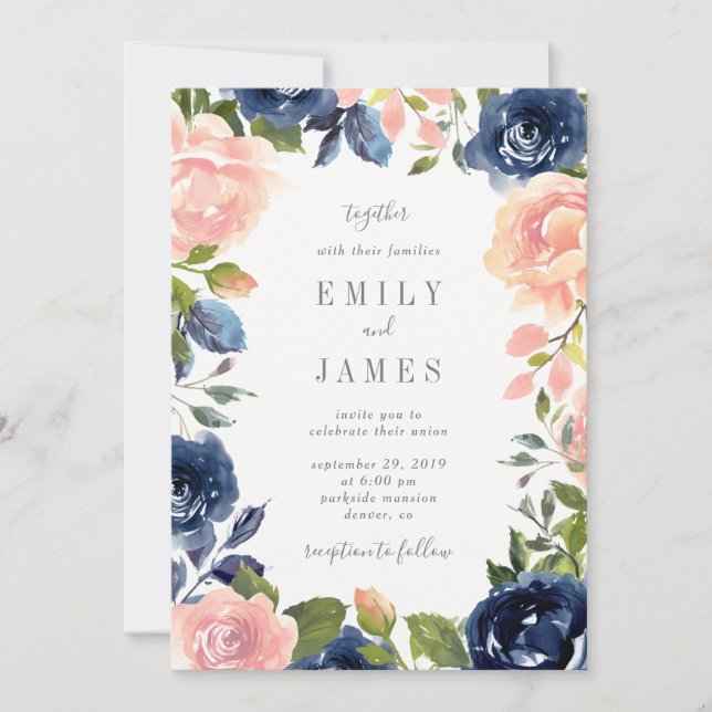 Navy Blush Floral Wedding Invitation #NBC (Front)