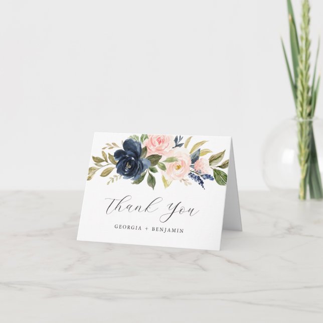 Navy Blush Floral Wedding Thank You Card (Front)